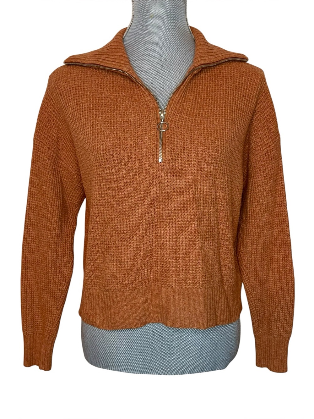 William Rast Waffle Knit Quarter Zip Sweater Pullover Rust Orange